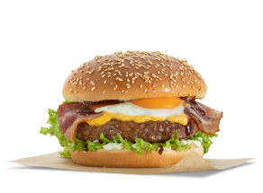Hangover burger, μπεργκερ με αυγο τηγανιτό, bacon, τυρί cheddar, μαρούλι, μαγιονέζα και BBQ sauce.