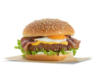 Hangover burger, μπεργκερ με αυγο τηγανιτό, bacon, τυρί cheddar, μαρούλι, μαγιονέζα και BBQ sauce.